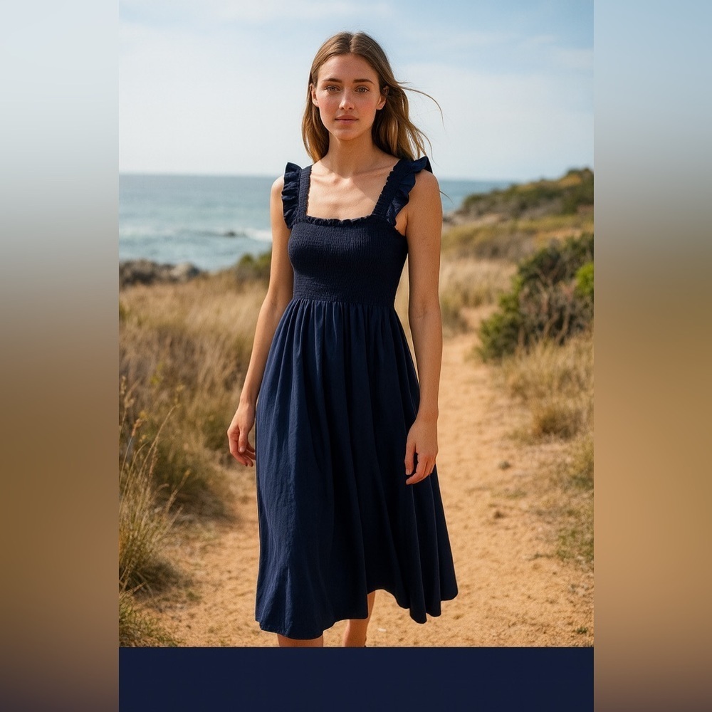 Petite Plume Navy Cotton Twill Margaux Smocked Midi Dress Size xs